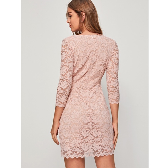 V-Neck Pastel Pink Lace Formal Mini Dress - Picture 2 of 8